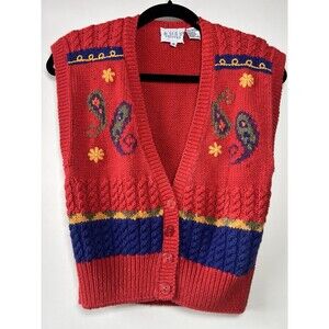 Russ Petites Knit Sweater Vest Paisley Embroidered Button Red Vintage M